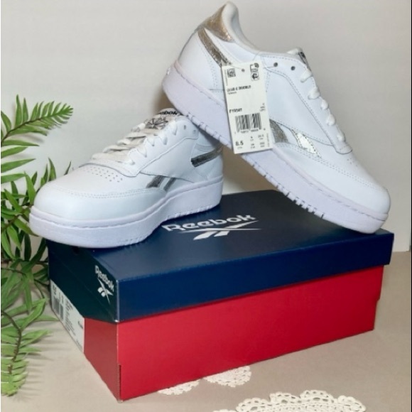 Reebok Women's Size 8 1/2 Club C Double White Silver And Black Sneakers NIB